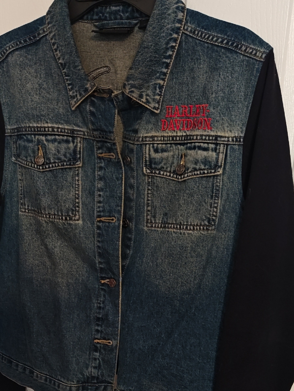Harley-Davidson Blue Denim Jacket with Black Sleeves and Red Logo